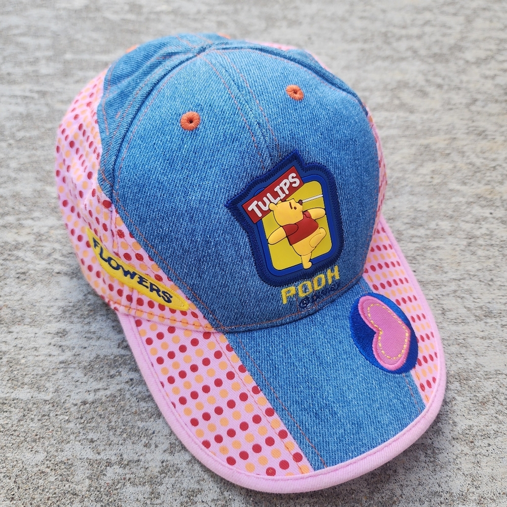 Vintage Disney Ruz POOH Tulips Denim Pink Polka Dot Kids/Gilrs Hat Cap‎